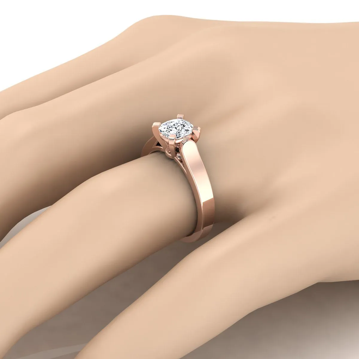 14K Rose Gold Cushion  Cathedral Style Solitaire Engagement Ring