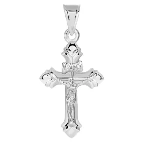 14k White Gold INRI Fleur-de-Lis Crucifix Cross Pendant (34.5mm x 16.7mm)