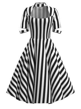 1950s Halloween Striped Hollow Collar Dress