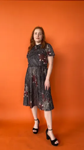 1970s Black Floral Swirl Dress, sz. S-L