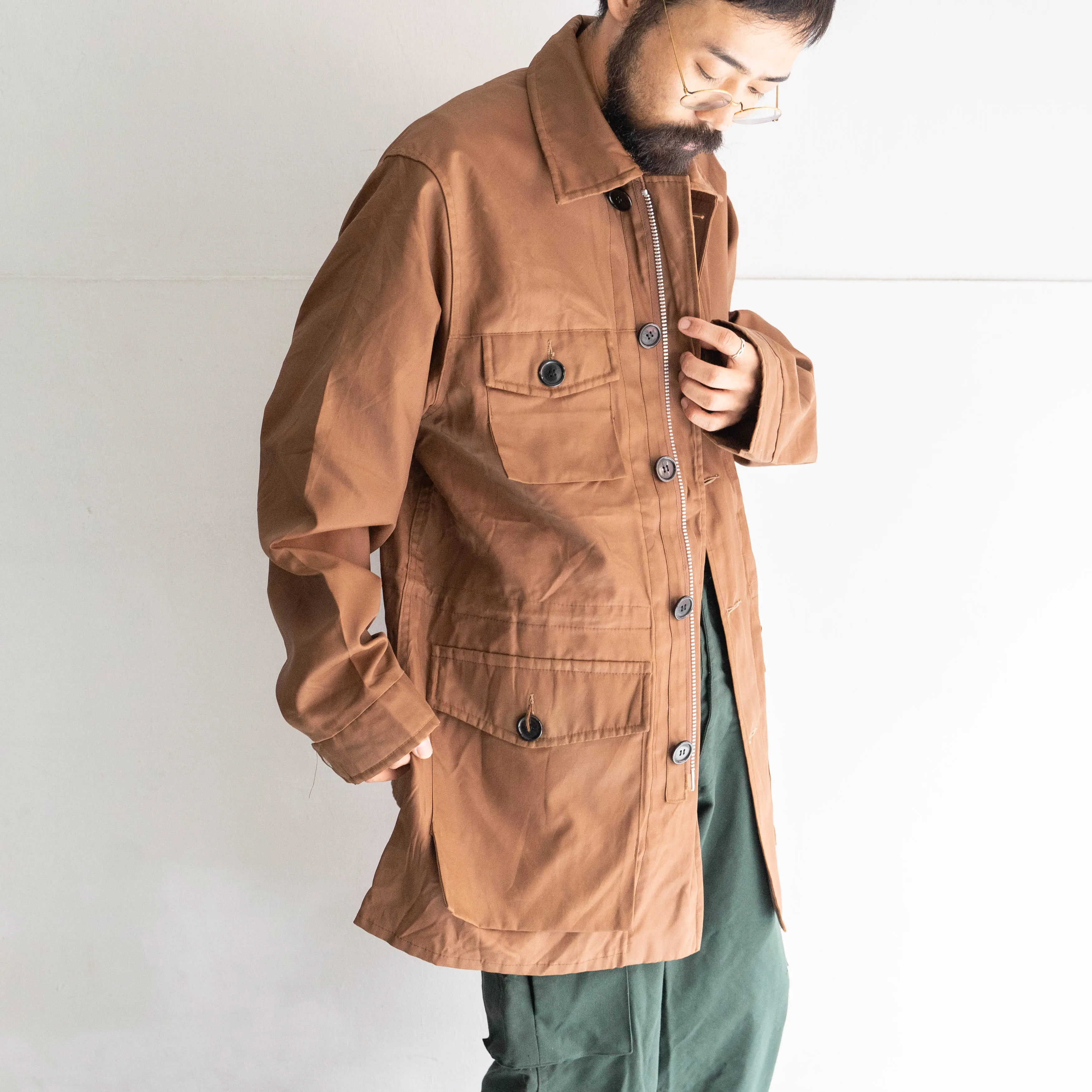 1970s brown color 4pockets nylon jacket -military like-