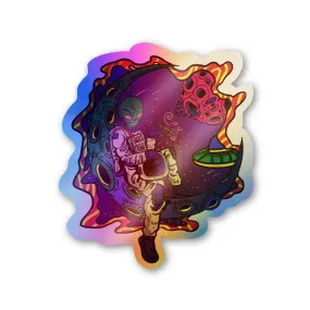 Alien on moon Holographic Stickers