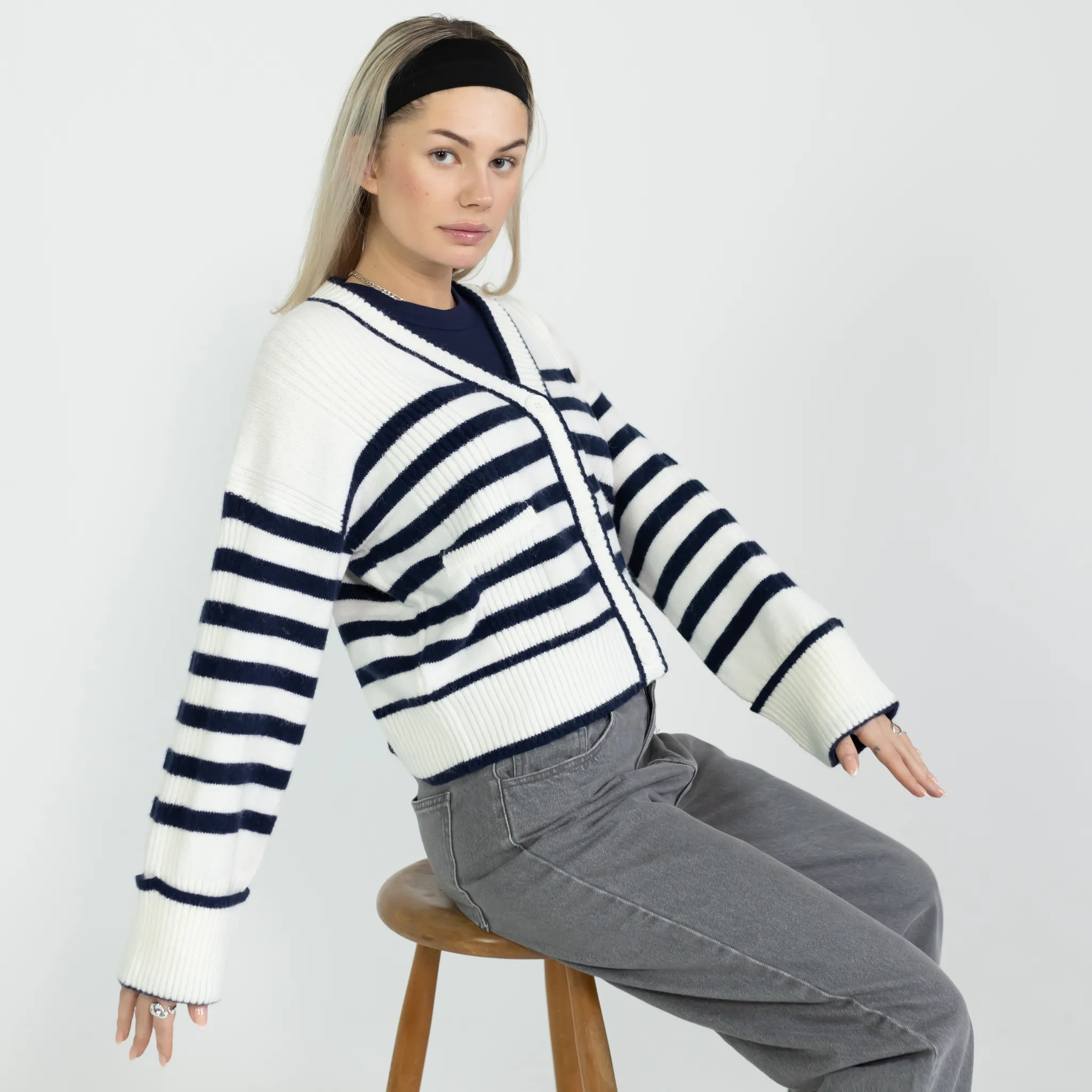 ALLY STRIK CARDIGAN - HVID/NAVY