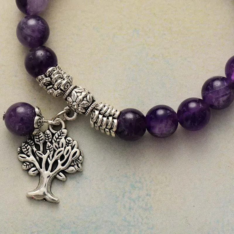 Amethyst Stretchy Bracelet w/ Tree of Life Charm