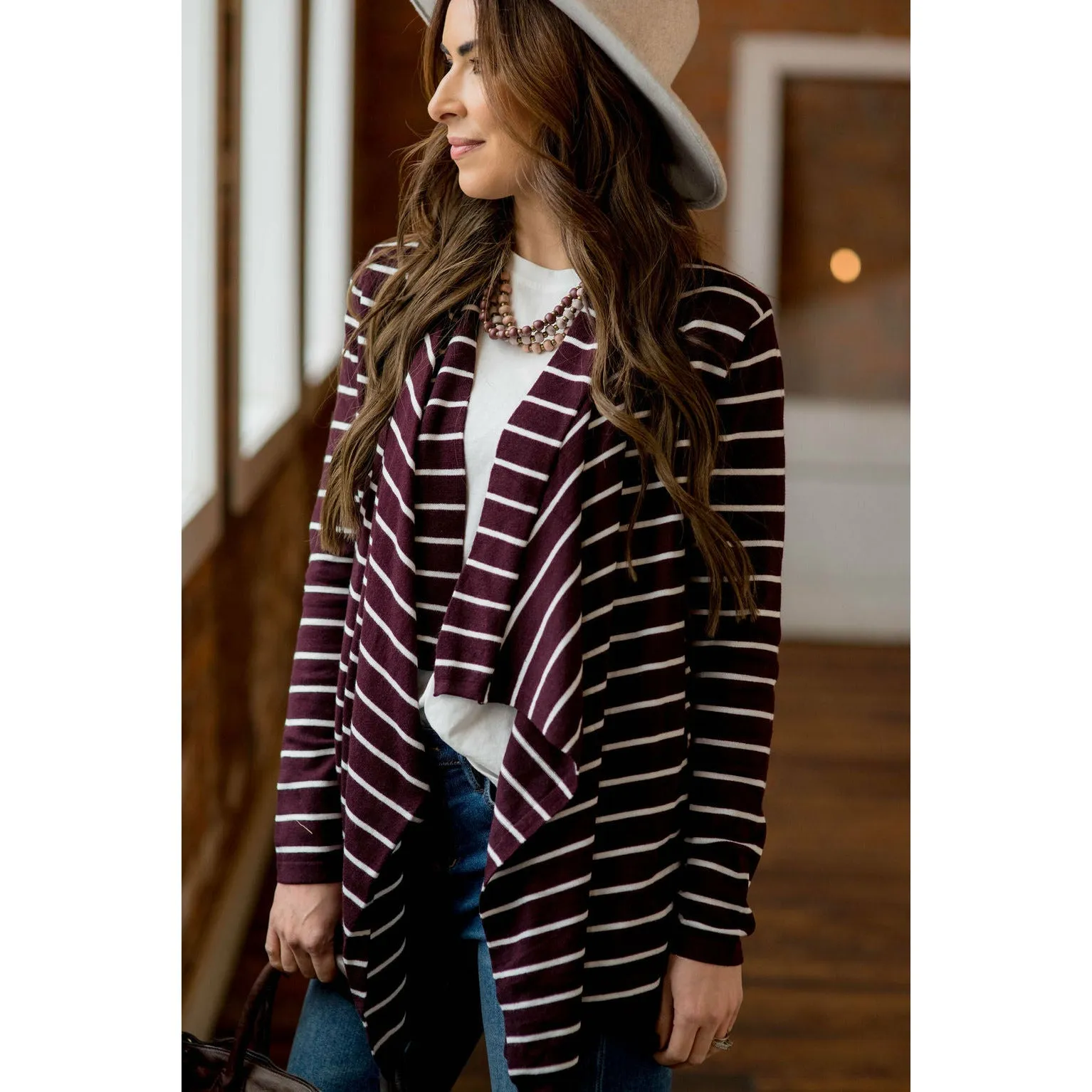 Basic Striped Waterfall Cardigan