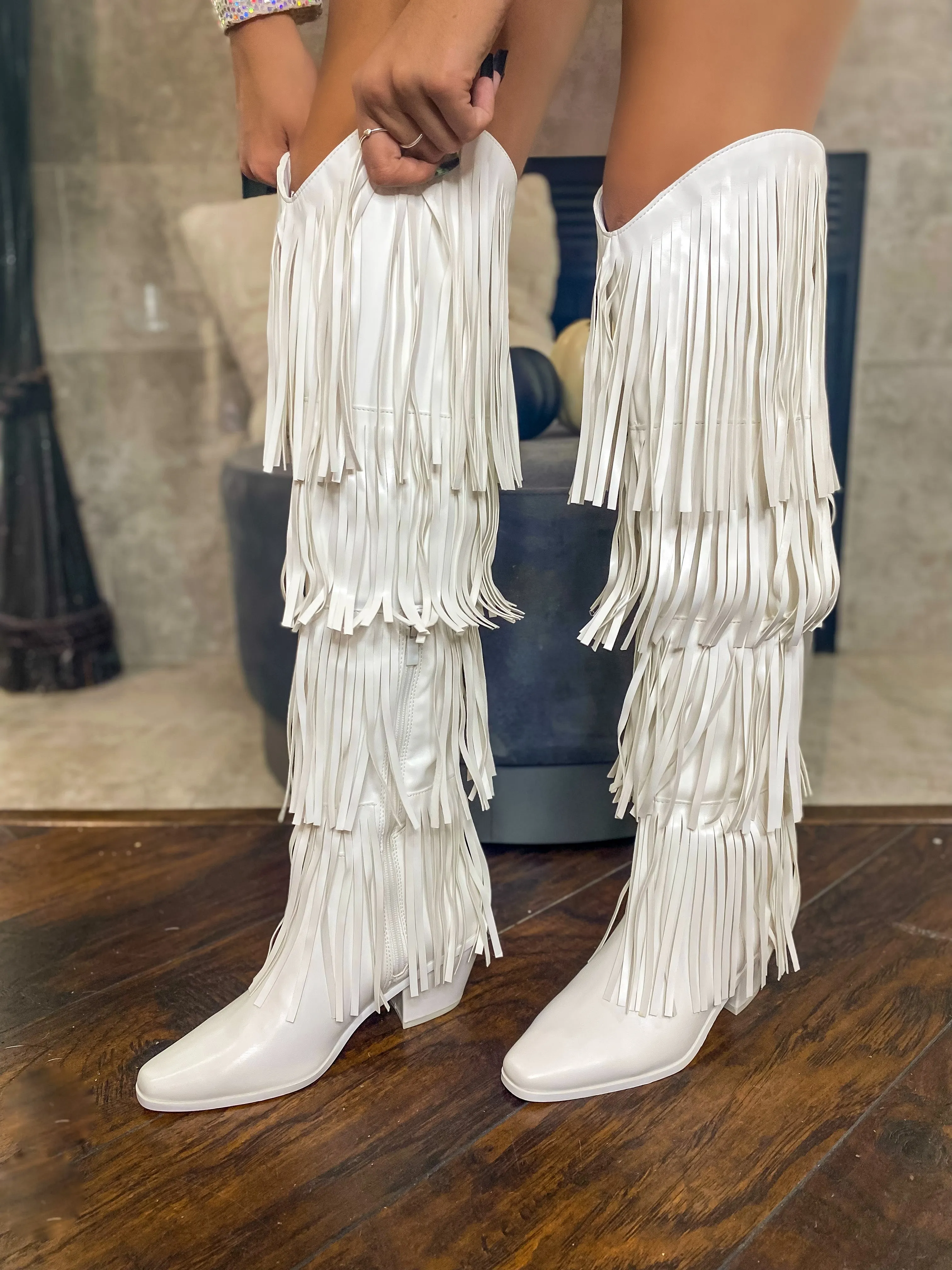 Beau Fringe Over The Knee Boots - White