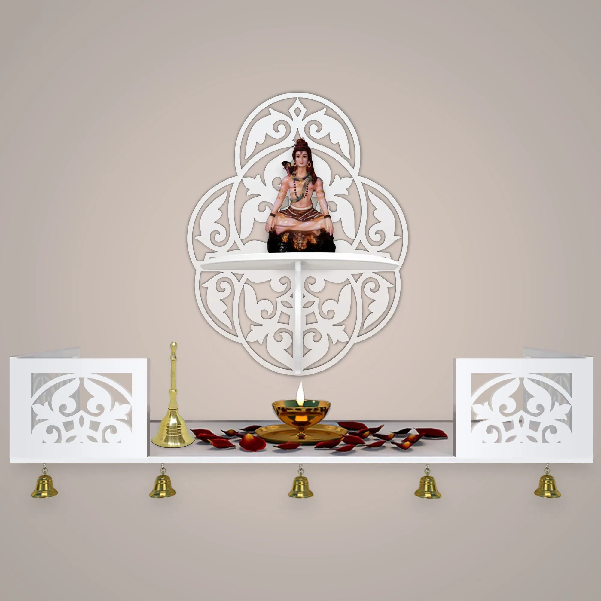 Beautiful Designer Pattern Wall Hanging Wooden Temple/ Pooja Mandir Design with Shelf, White Color