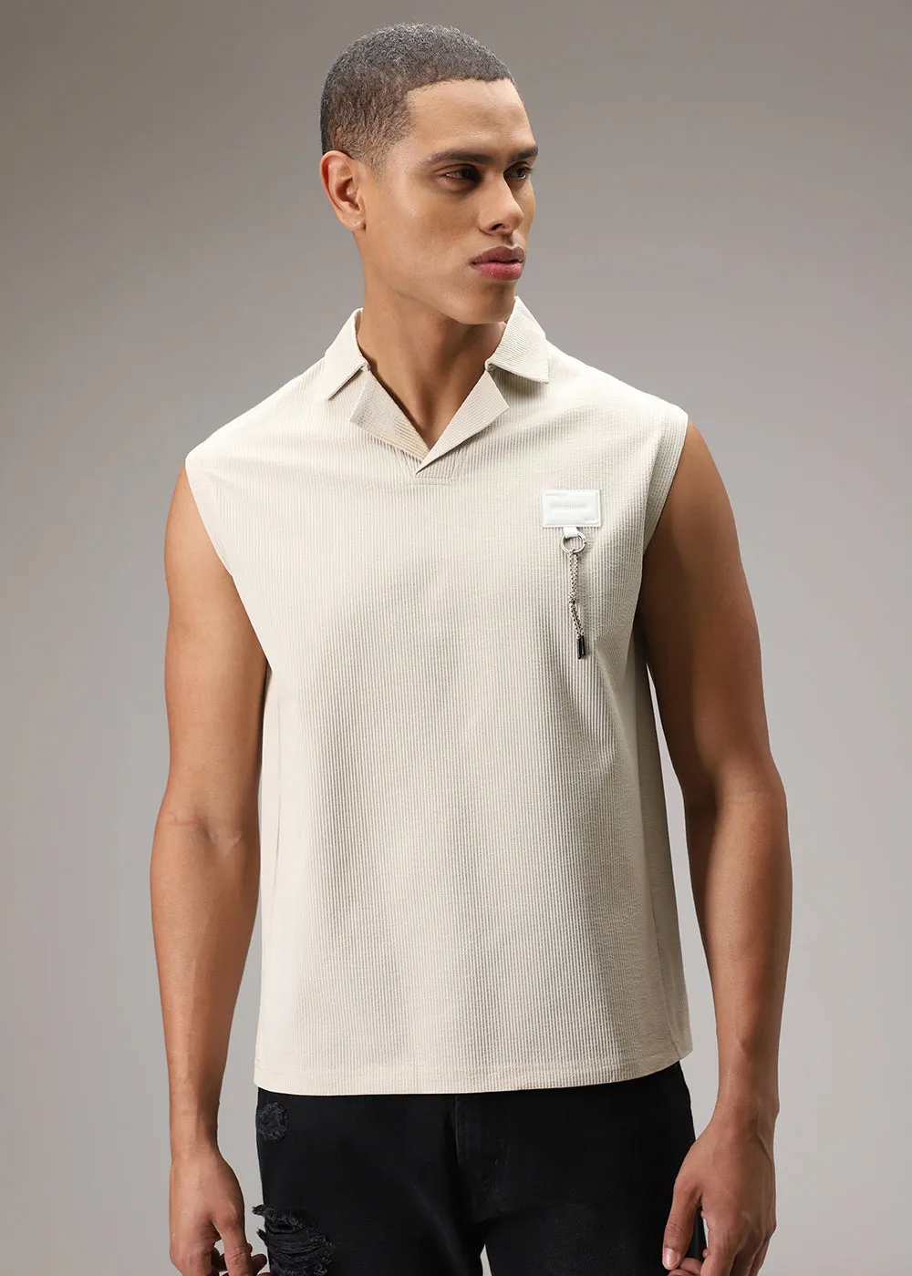 Beige Ribbed Polo Tank