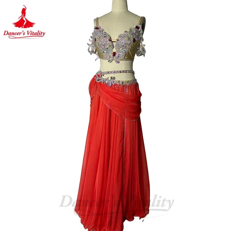 Belly Dance Performance Costume Set for Women Senior AB Stones Bra chiffon Long Skirt 2pcs Custom Adult Child Oriental Outfit