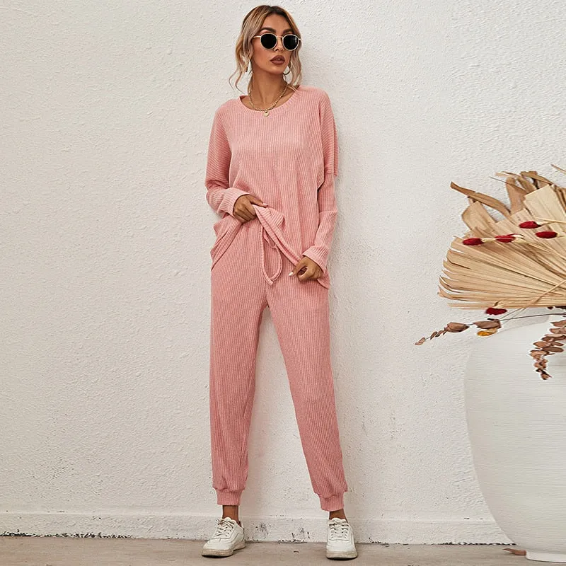 BerriesJam - 2024 Solid Color 2 Piece Set Long Sleeved & Trousers Loungewear