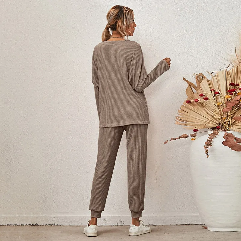 BerriesJam - 2024 Solid Color 2 Piece Set Long Sleeved & Trousers Loungewear