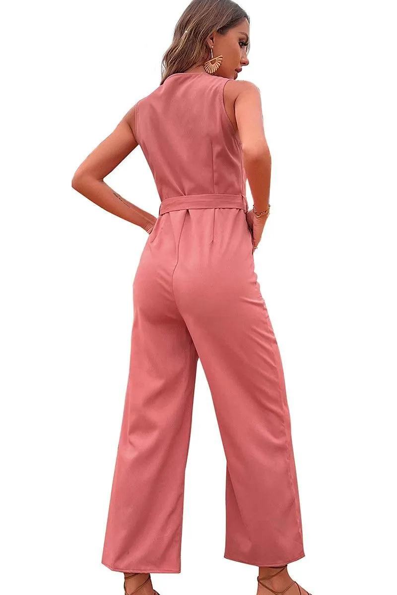 BIG POCKET TIED WAIST SLEEVELESS JUMPSUIT