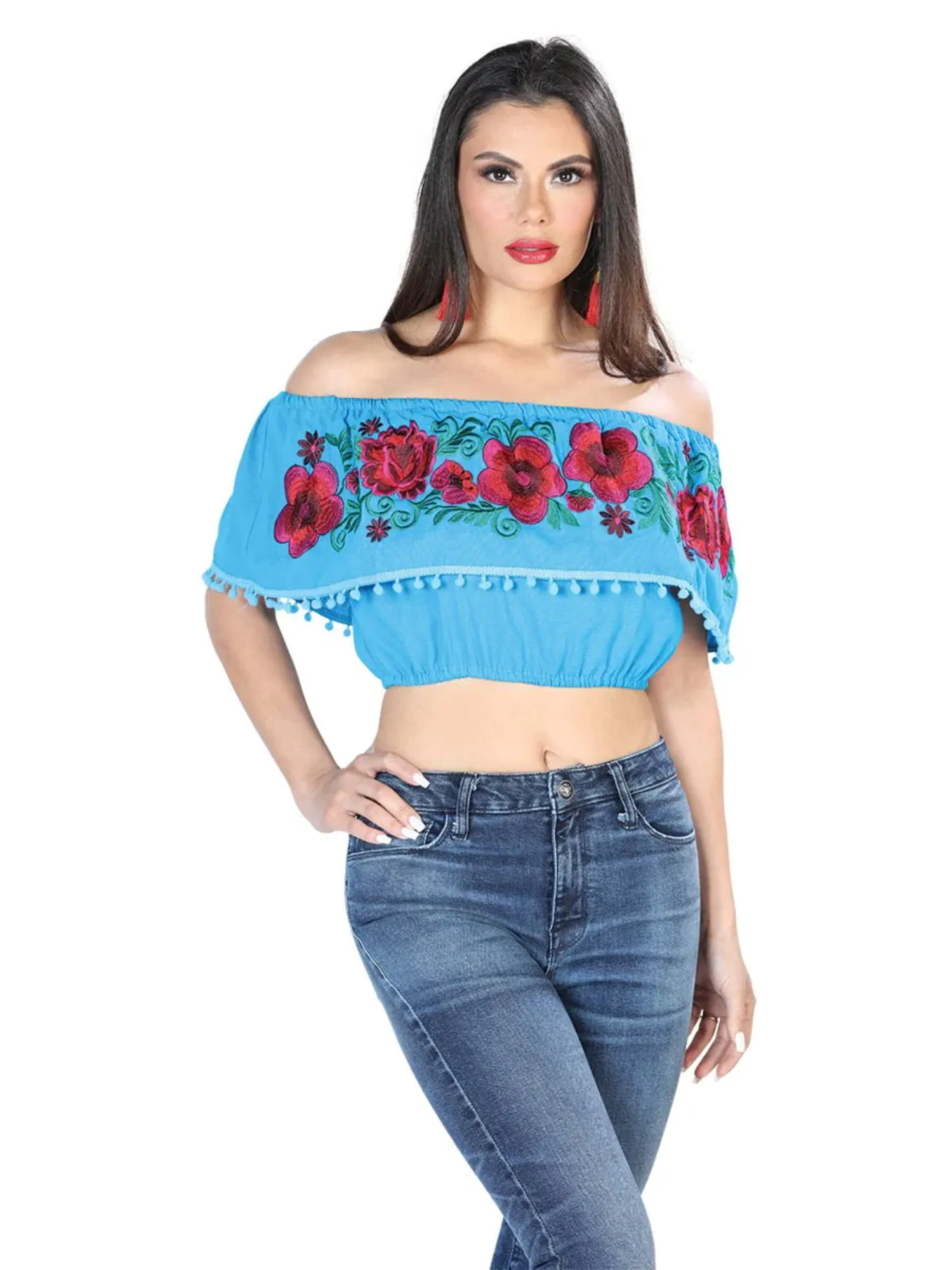 Blusa Corta Artesanal de Olan Bordada de Flores para Mujer