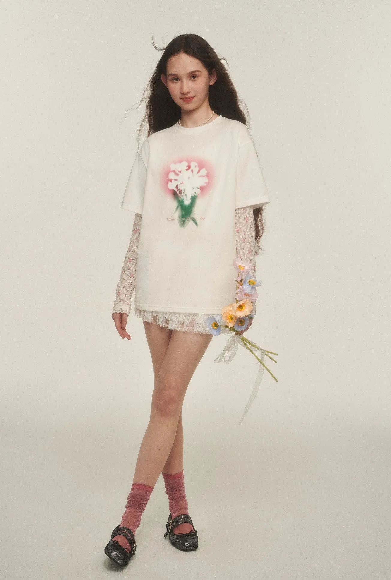 Bouquet Print Round Neck T-shirt AYF0045