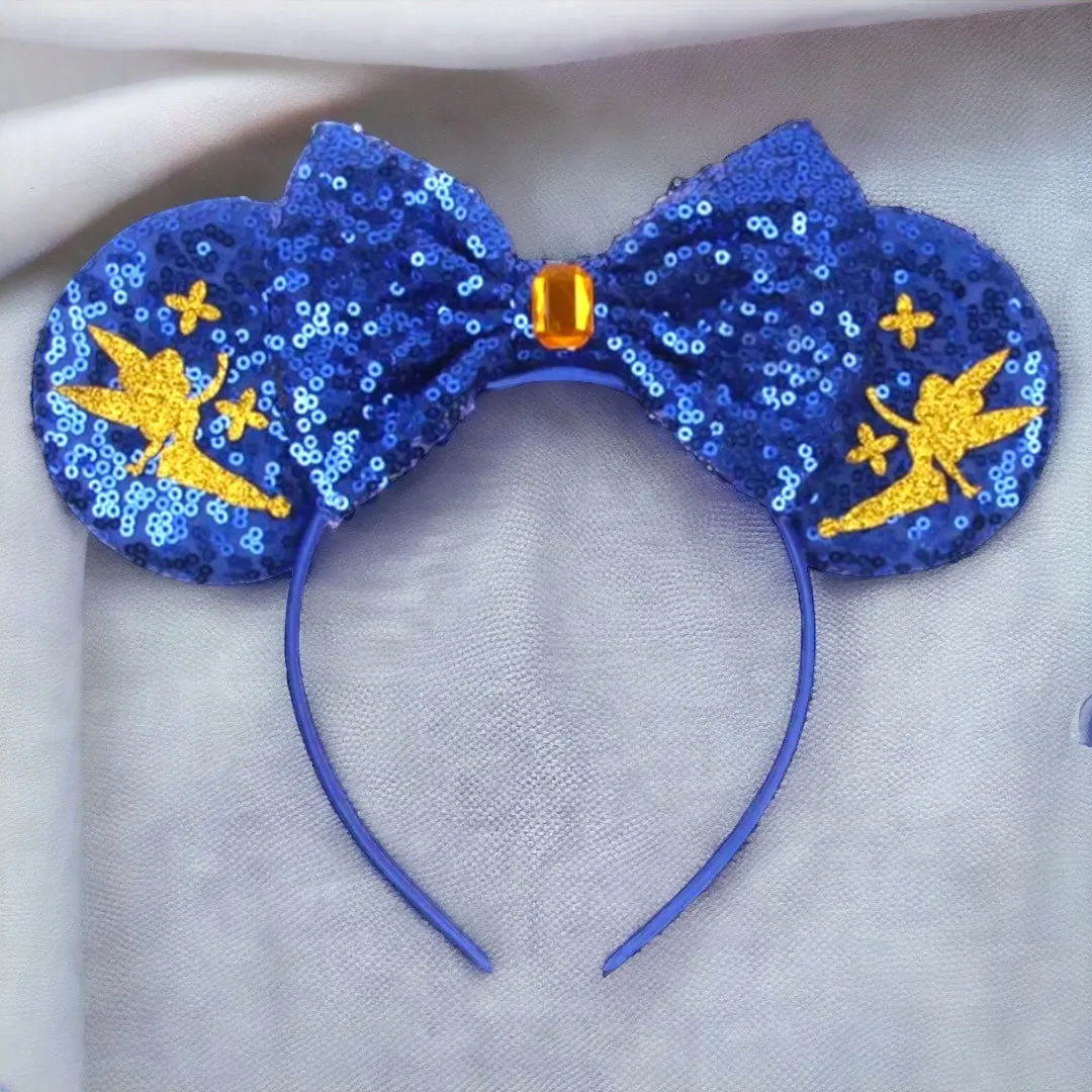 Brand New Tinkerbell Headband w/ Blue Sequin Bow & Gold Gemstone - Disney Inspired!