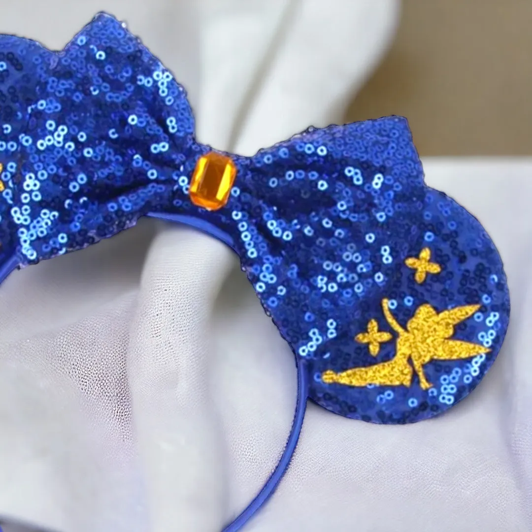 Brand New Tinkerbell Headband w/ Blue Sequin Bow & Gold Gemstone - Disney Inspired!