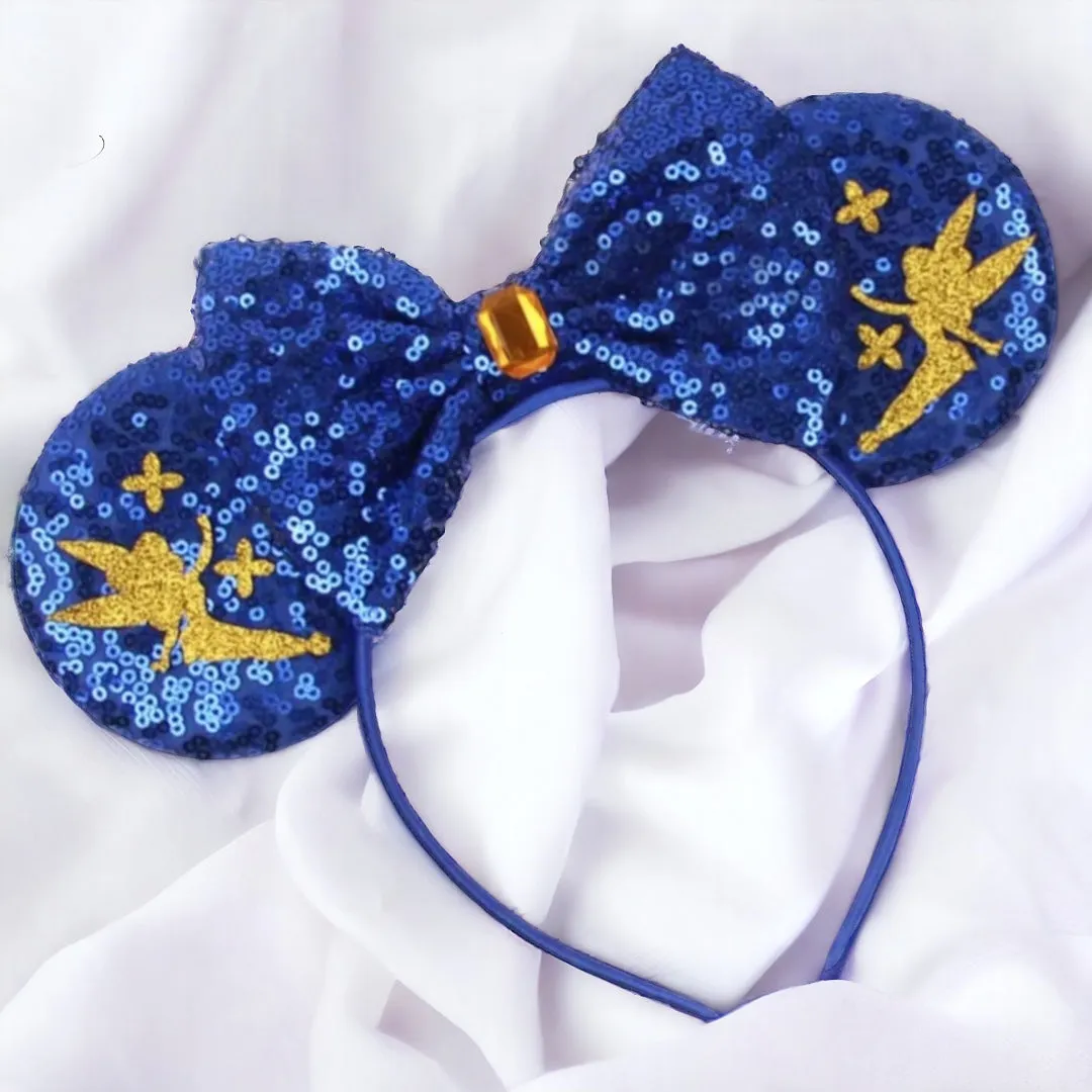 Brand New Tinkerbell Headband w/ Blue Sequin Bow & Gold Gemstone - Disney Inspired!