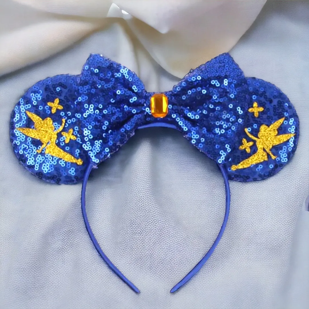 Brand New Tinkerbell Headband w/ Blue Sequin Bow & Gold Gemstone - Disney Inspired!