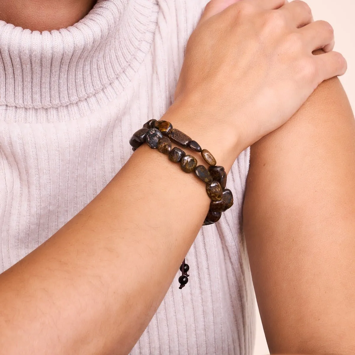 Bronzite | Gunmetal | Gemstone Pebble Macrame Bracelet