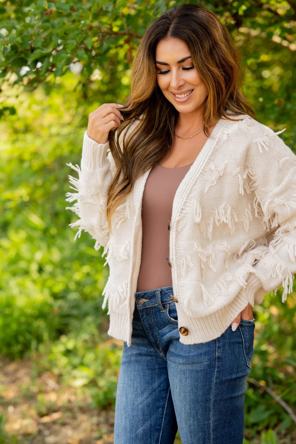 Button Accented Fringe Cardigan