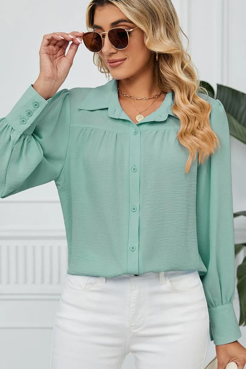 BUTTON DOWN LONG SLEEVE CHIFFON BLOUSE SHIRTS