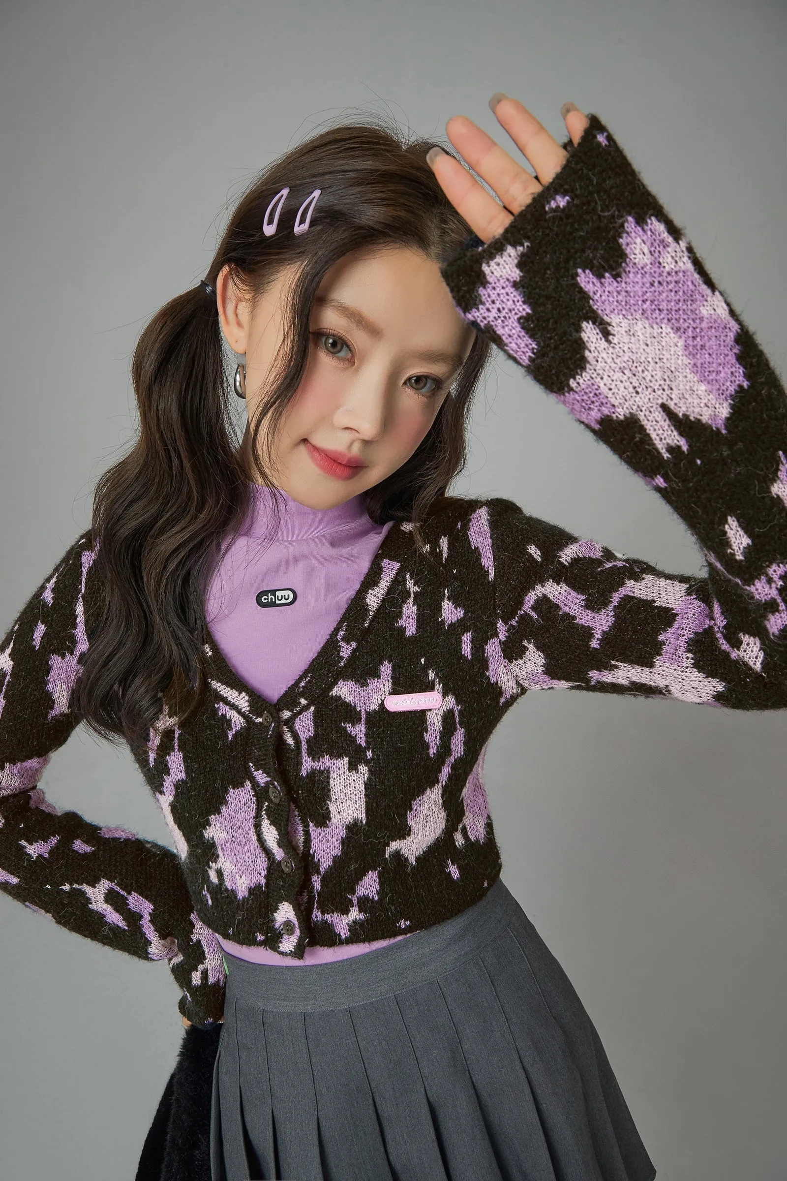 Call Me V-Neck Printed Cropped Knit Cardigan