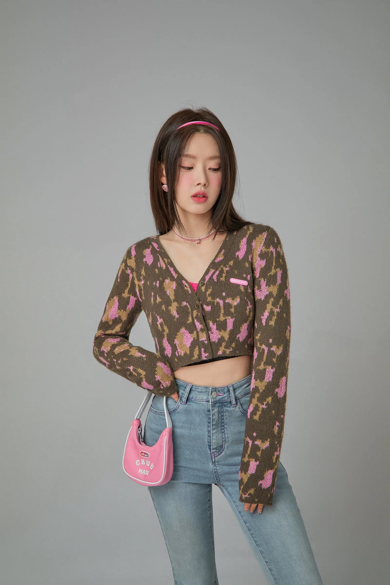 Call Me V-Neck Printed Cropped Knit Cardigan