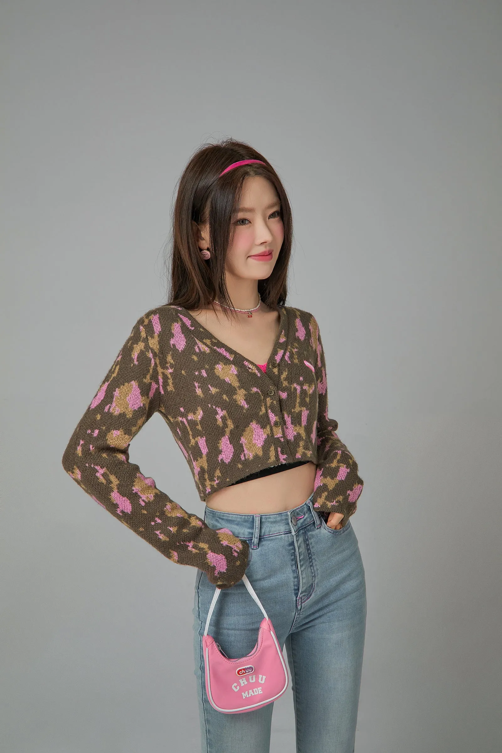 Call Me V-Neck Printed Cropped Knit Cardigan