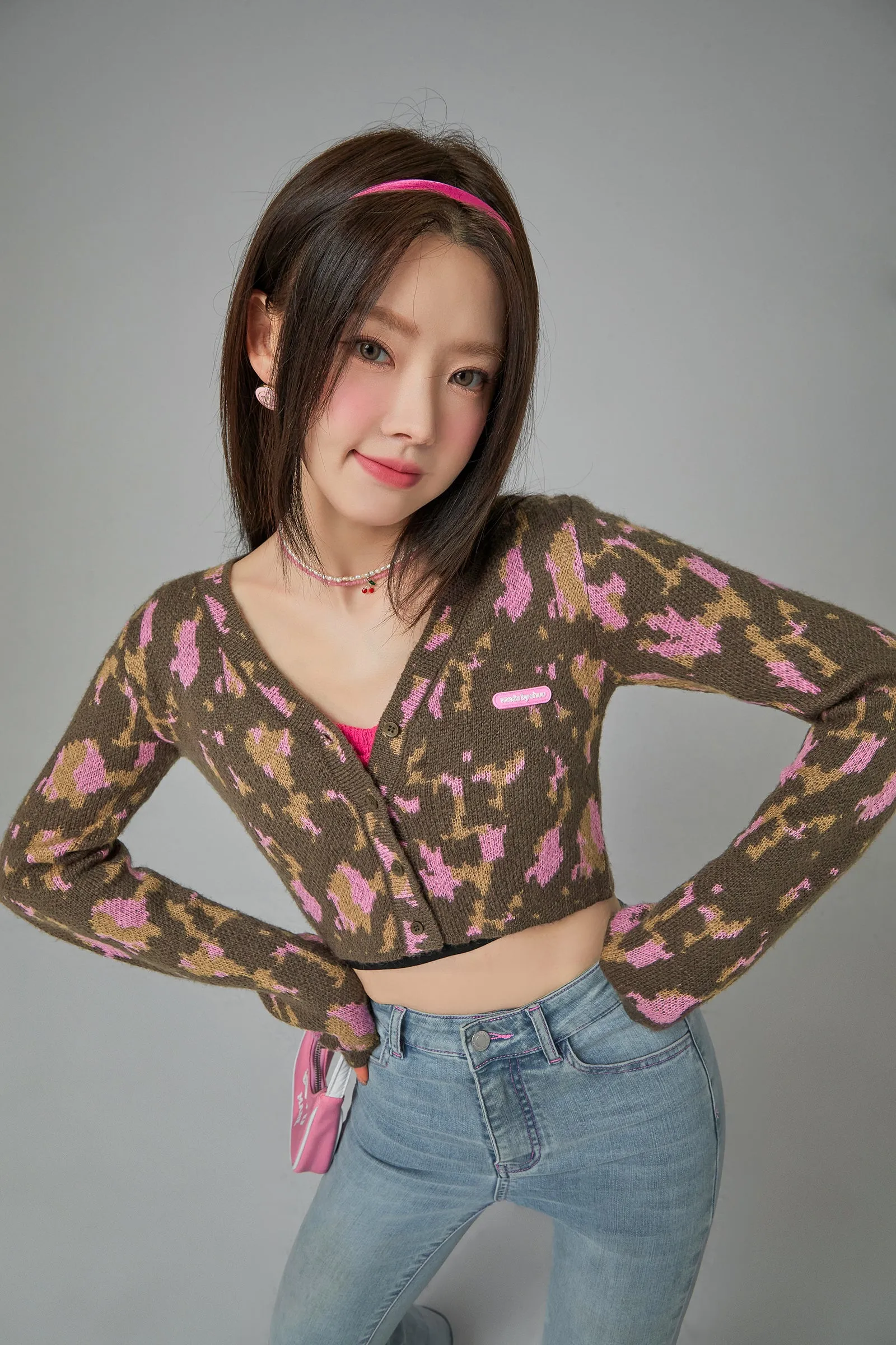 Call Me V-Neck Printed Cropped Knit Cardigan