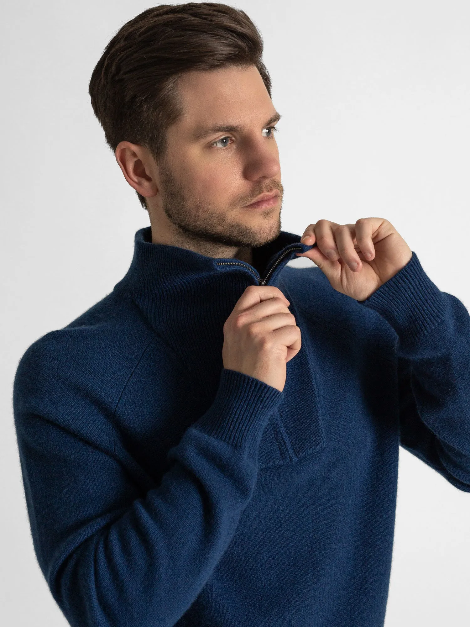 Cashmere sweater men "Frost zip" - mountain blue