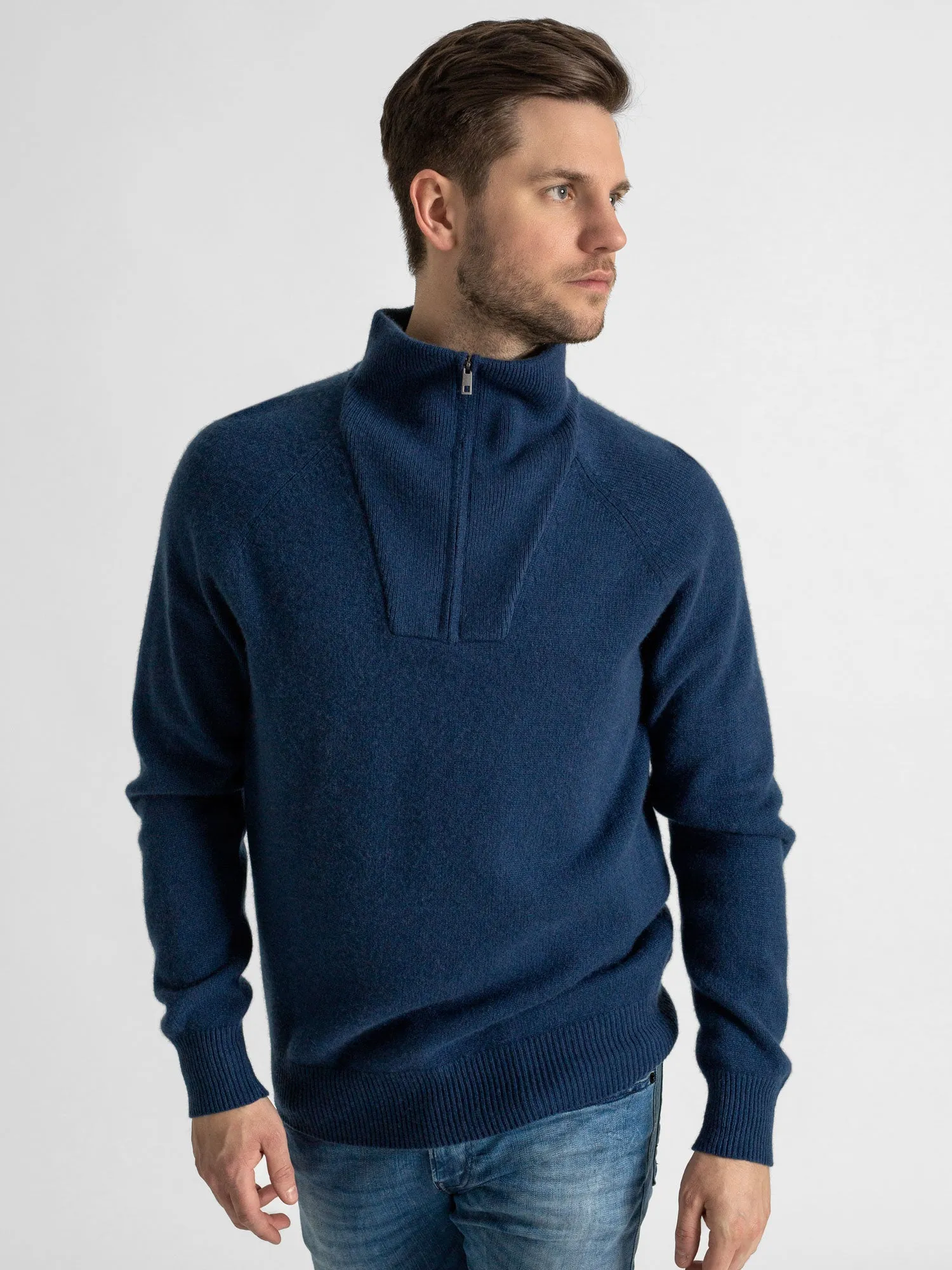 Cashmere sweater men "Frost zip" - mountain blue