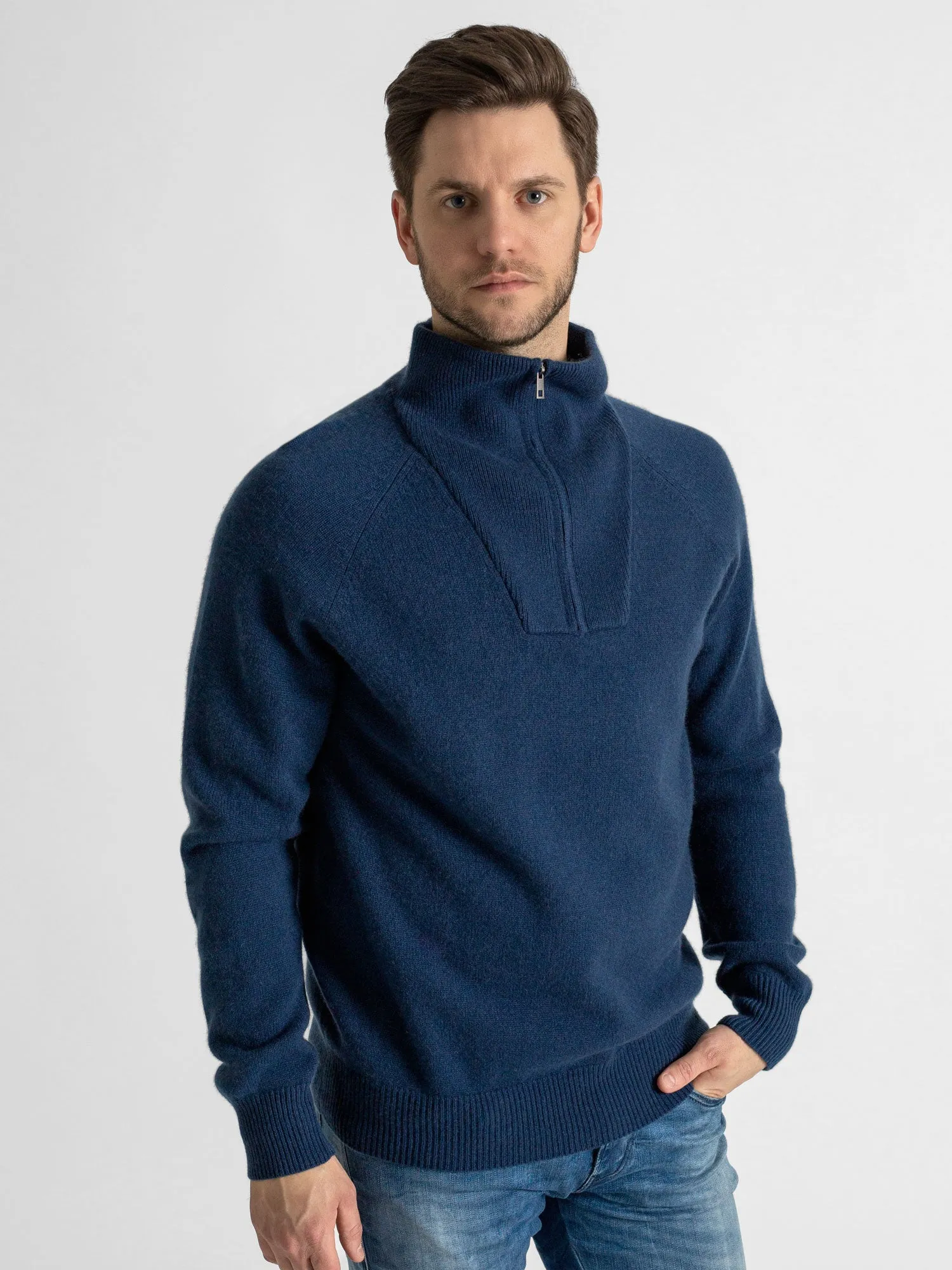 Cashmere sweater men "Frost zip" - mountain blue