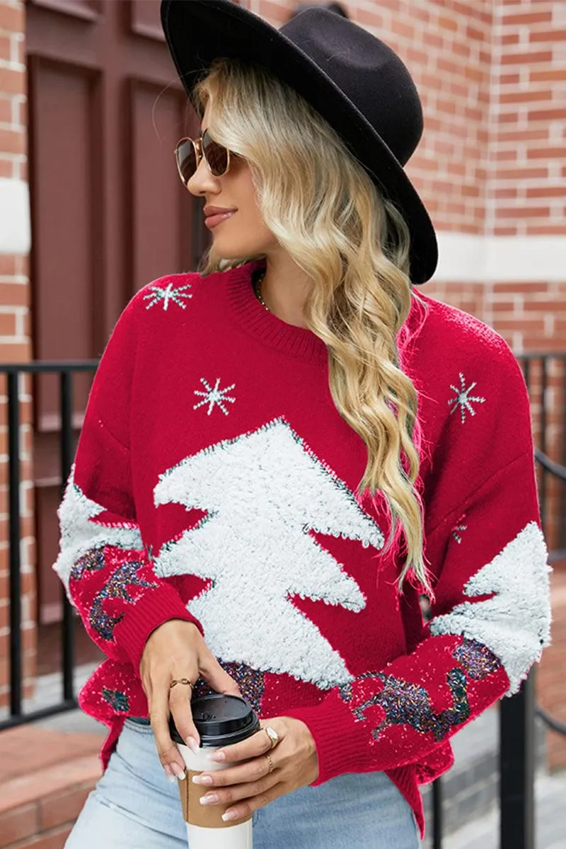 CHRISTMAS PINE TREE PRINTED CASUAL SWEATER