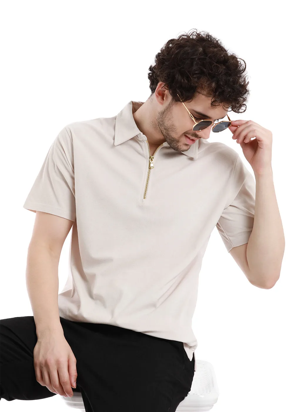 Cream Beige Zip polo T-shirt