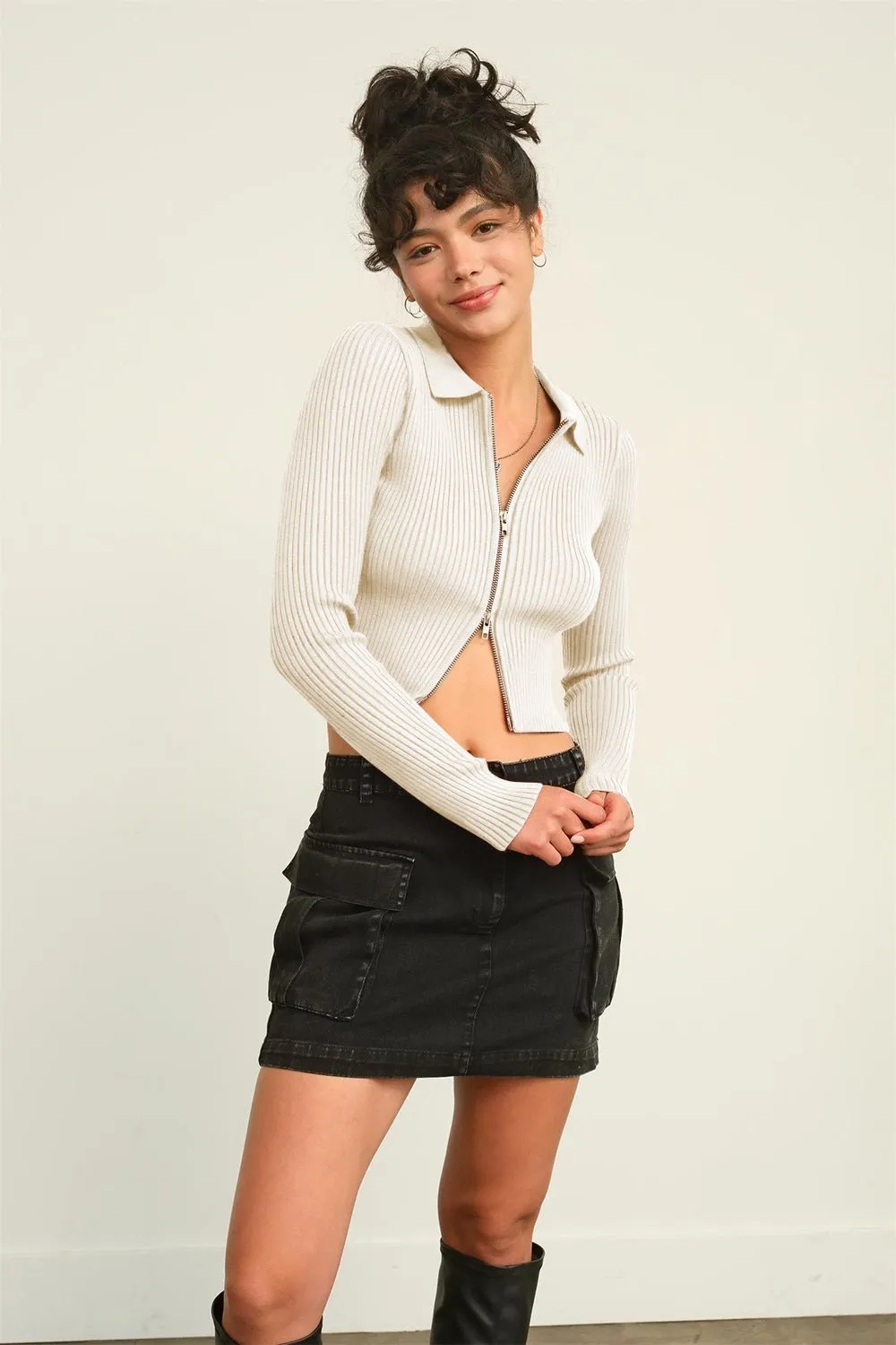 Cream Ribbed Double Zip Cropped Cardigan