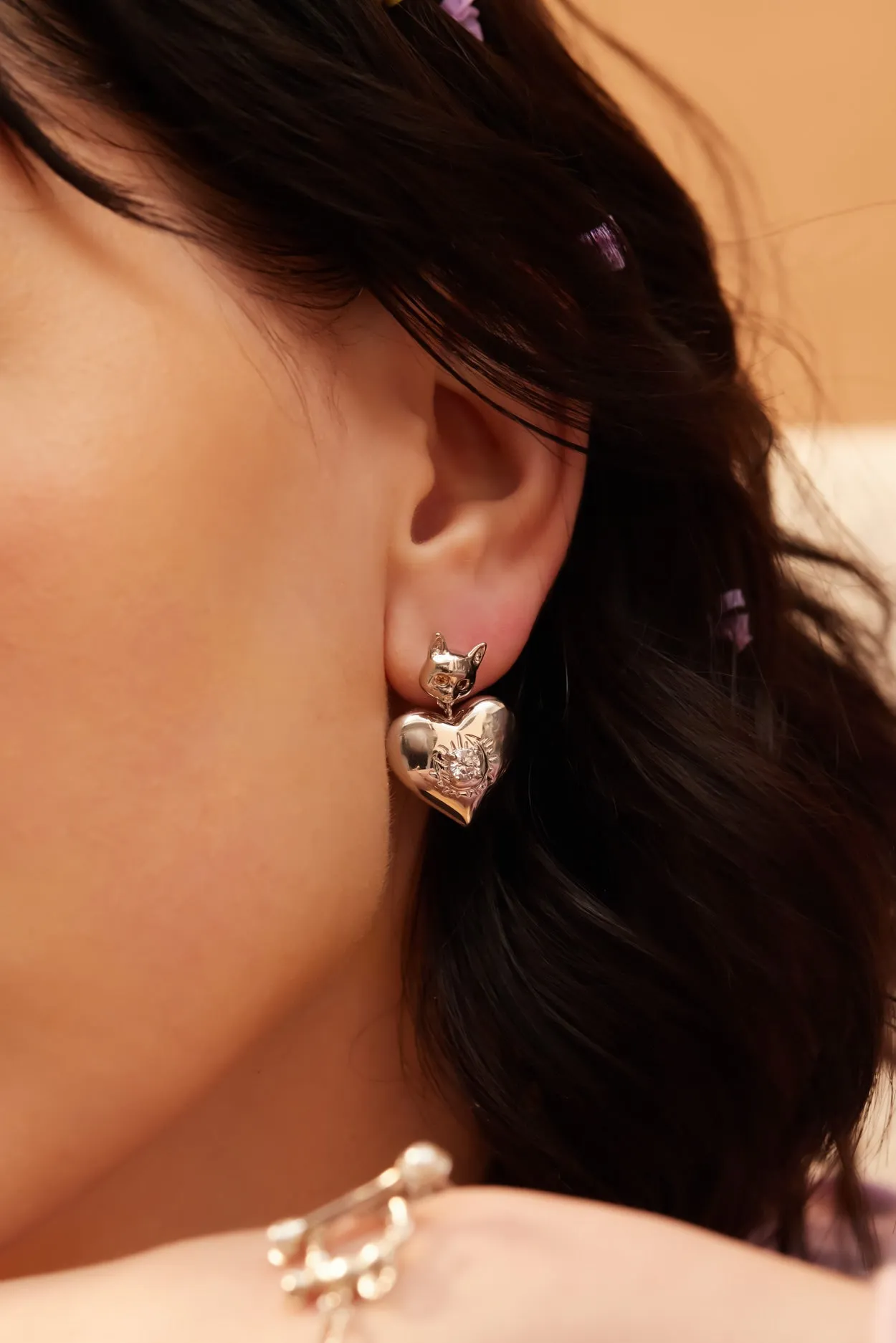 Cynthia x Love by the Moon - Silver Cat & Love Earrings