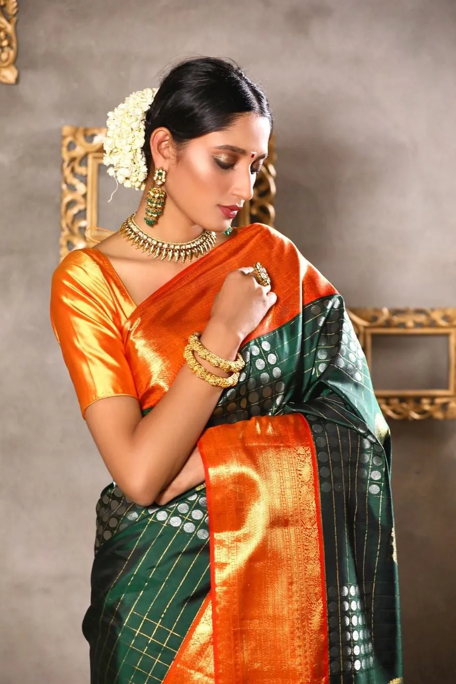 Dark Green and Orange kanjeevaram check silk saree