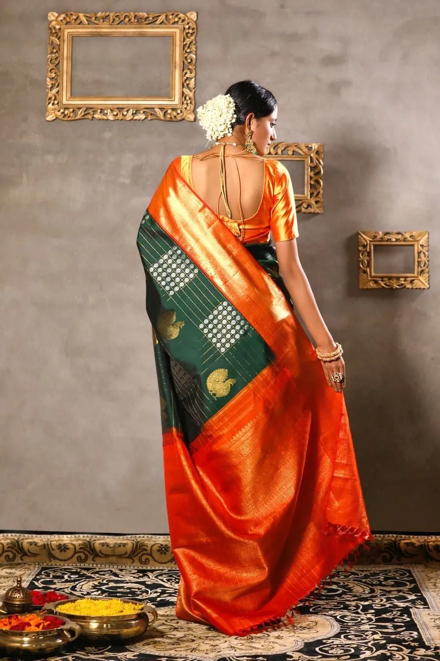 Dark Green and Orange kanjeevaram check silk saree