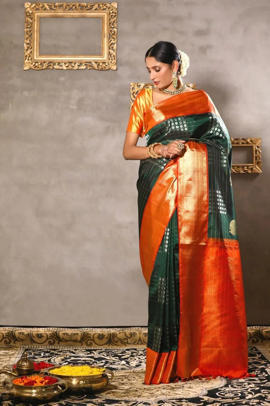 Dark Green and Orange kanjeevaram check silk saree