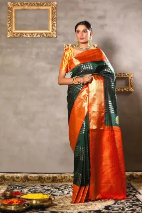 Dark Green and Orange kanjeevaram check silk saree