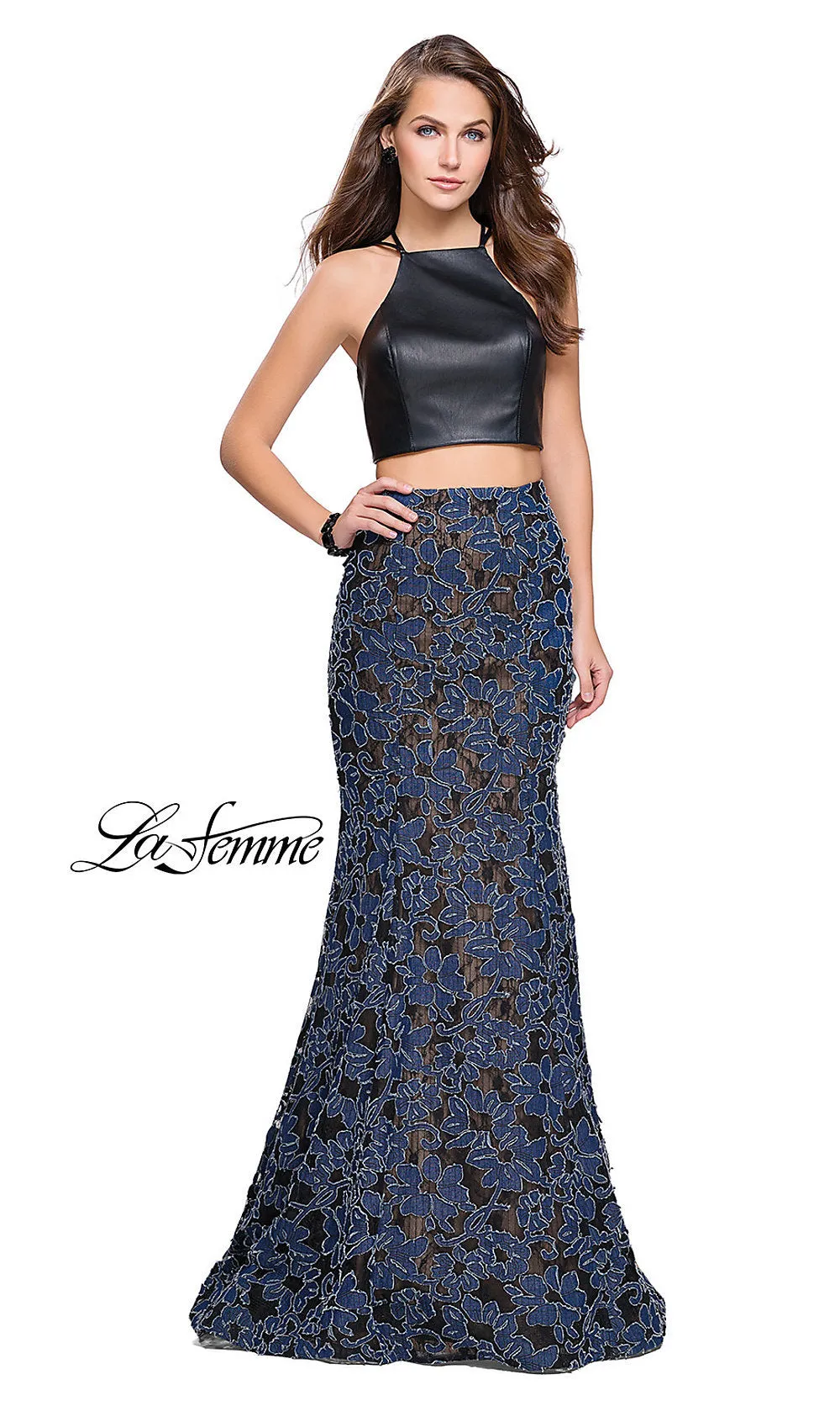 Denim Print Sleeveless High-Neck Prom Dress