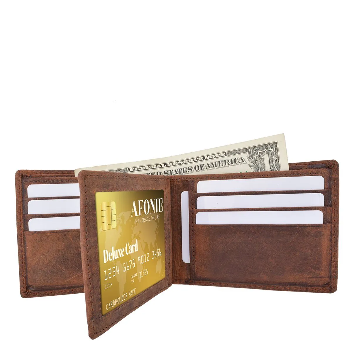 Distressed RFID Leather Bifold Wallet with Flip ID