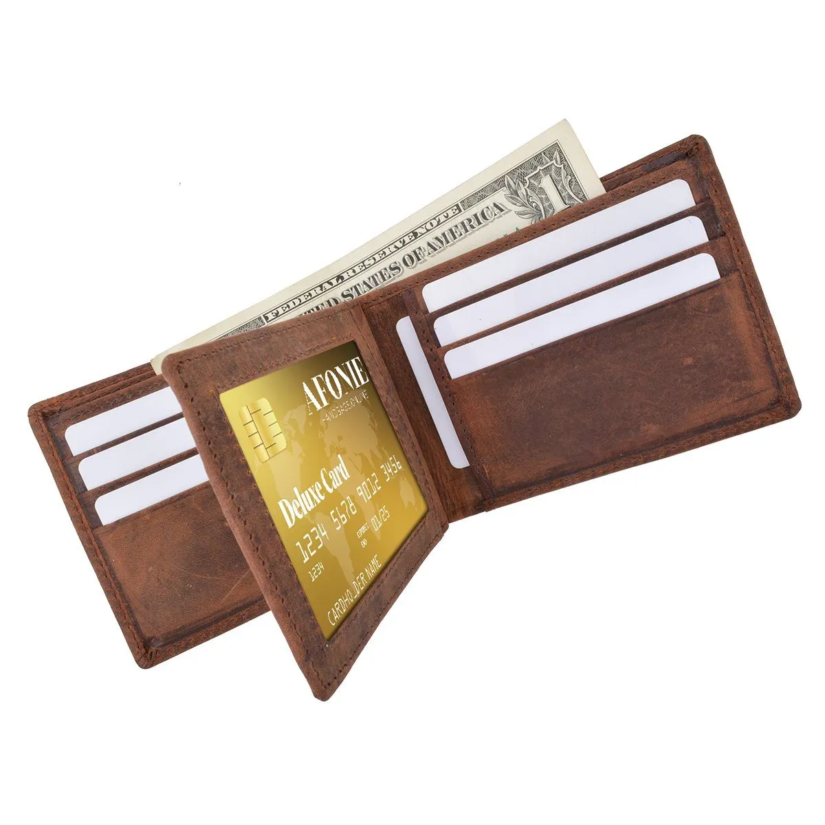 Distressed RFID Leather Bifold Wallet with Flip ID