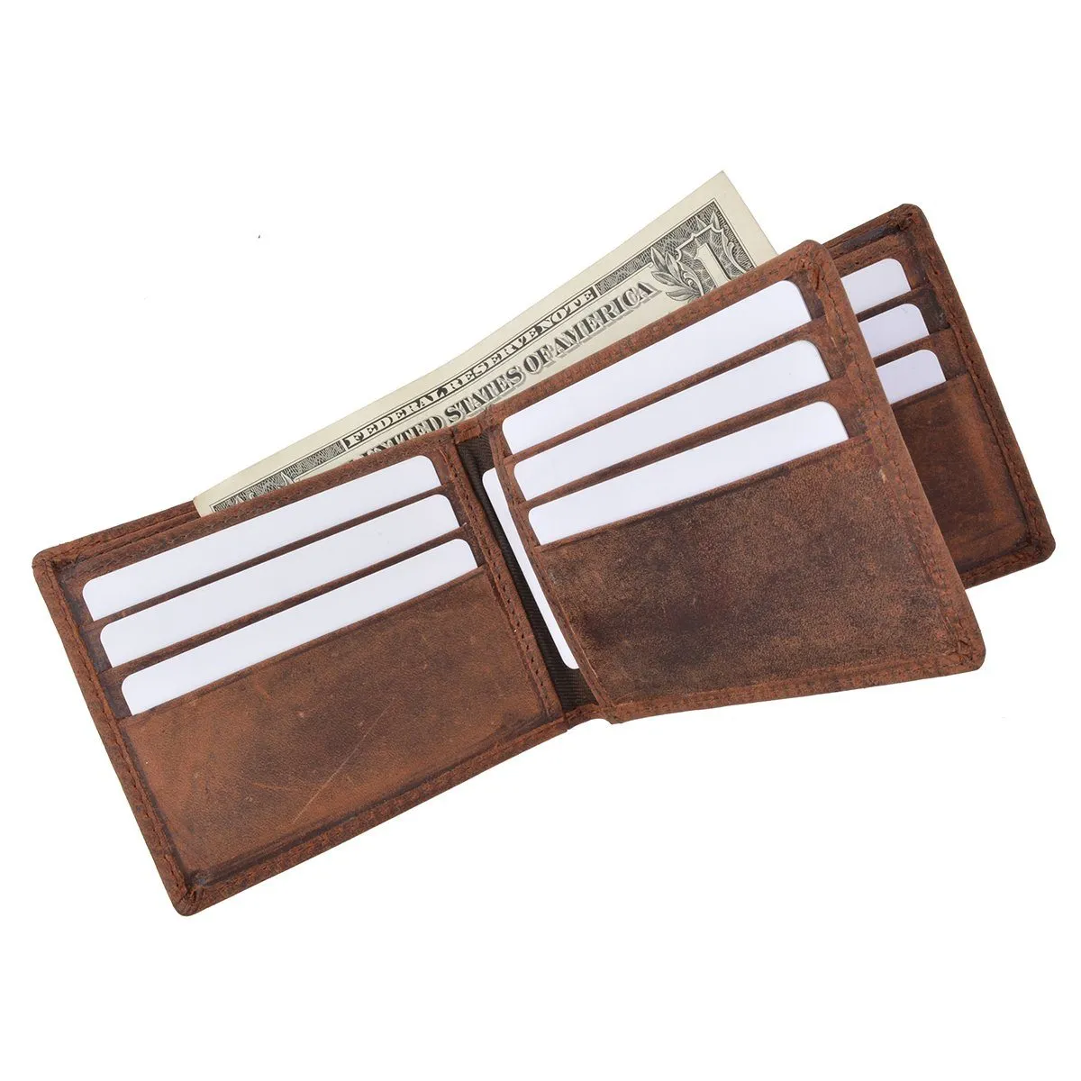 Distressed RFID Leather Bifold Wallet with Flip ID