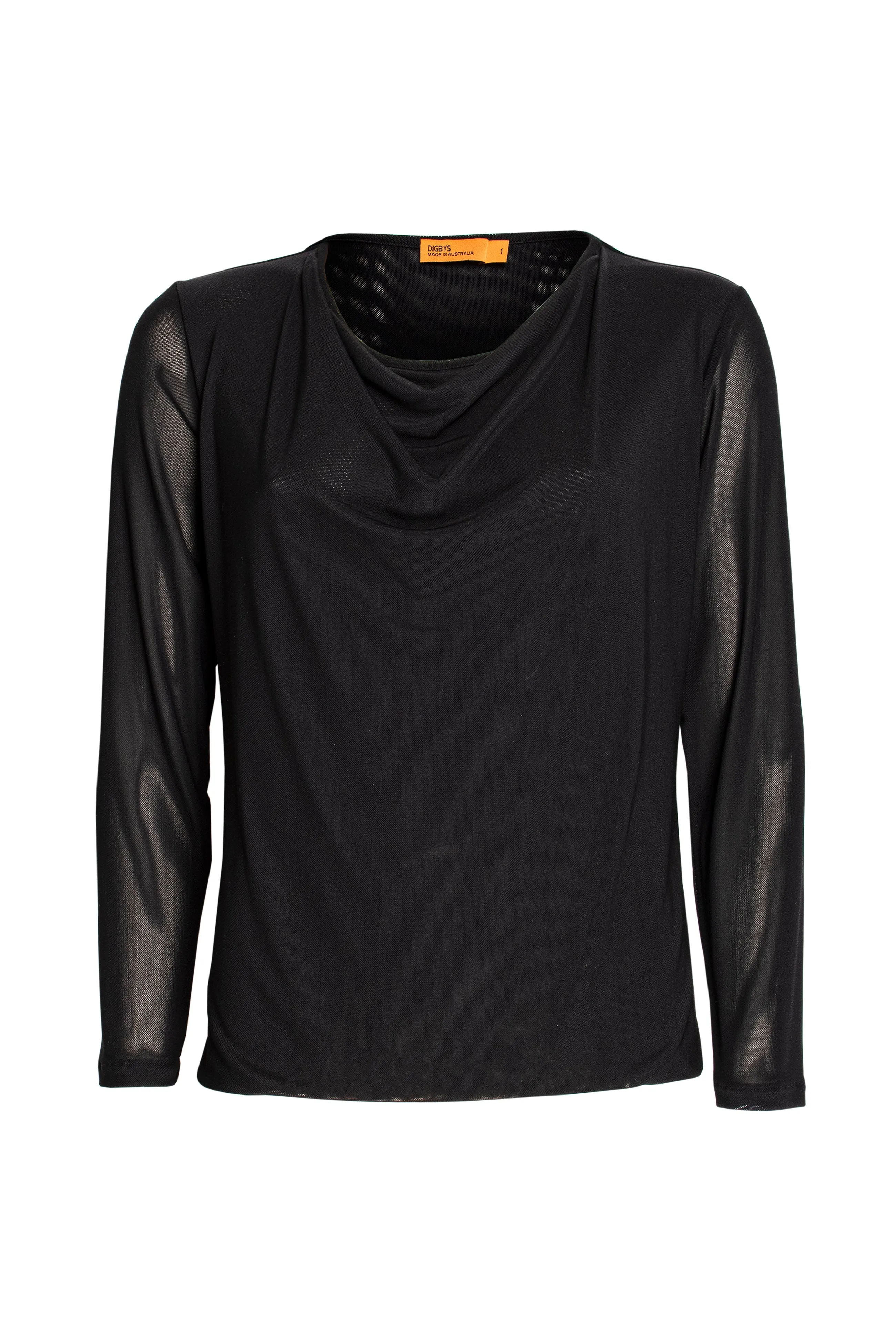 Drape Neck Long Sleeve Top - Black Mesh 9701