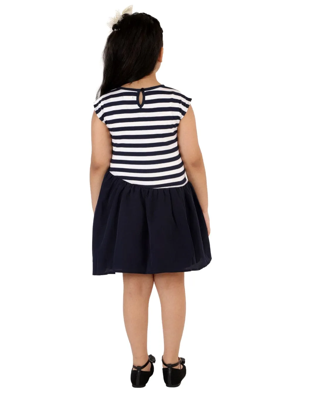 Dress with Stripe Jersey Top part and Crepe Skirt Part with Lining