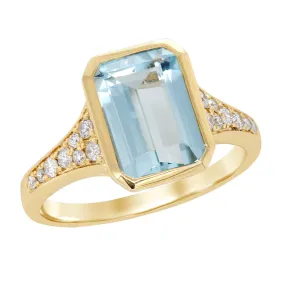 EMERALD CUT AQUAMARINE RING WITH SIDE DIAMONDS, .20 CT TW