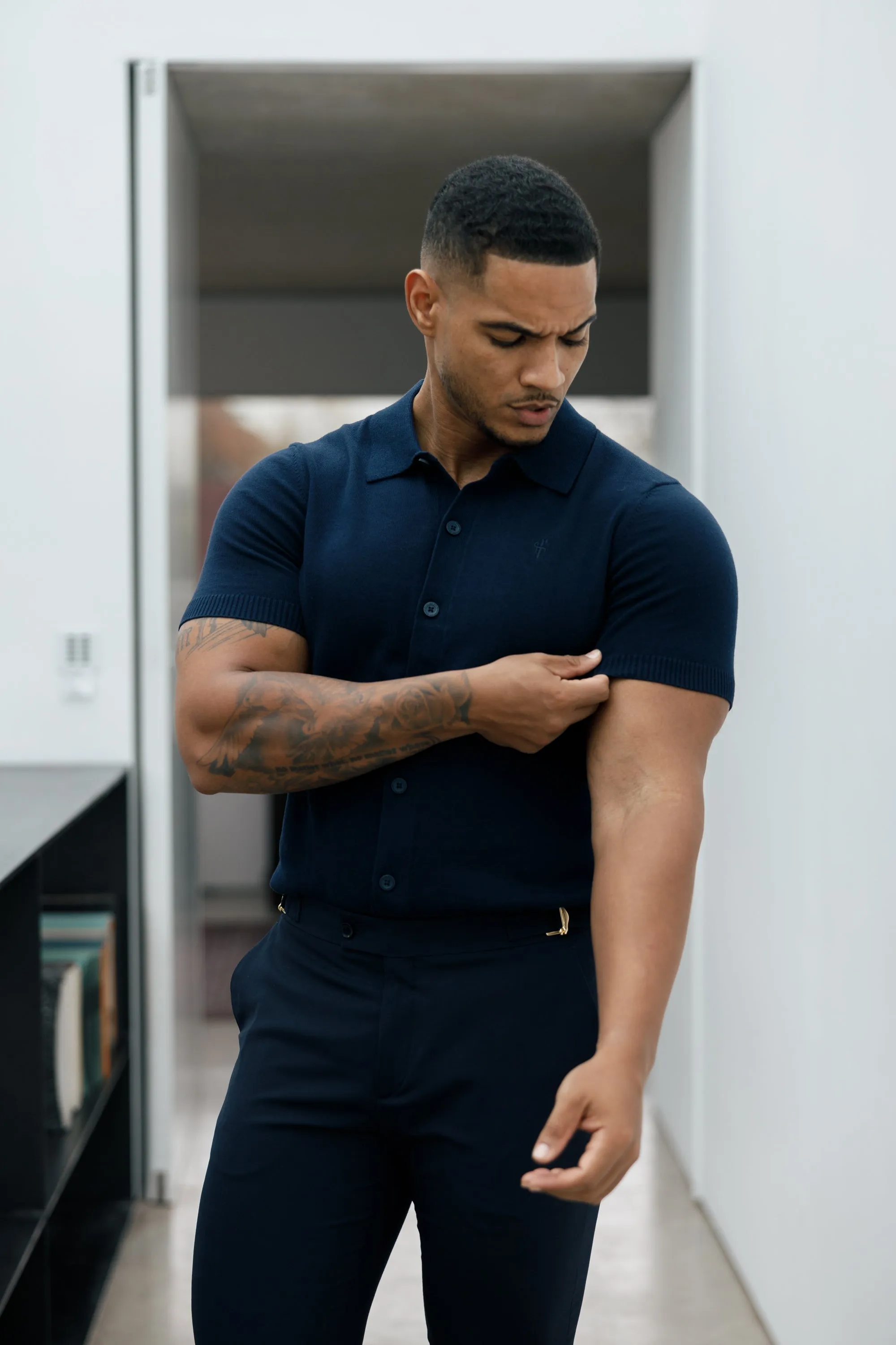 Father Sons Classic Plain Navy Knitted Button Through Polo Short Sleeve - FSN103