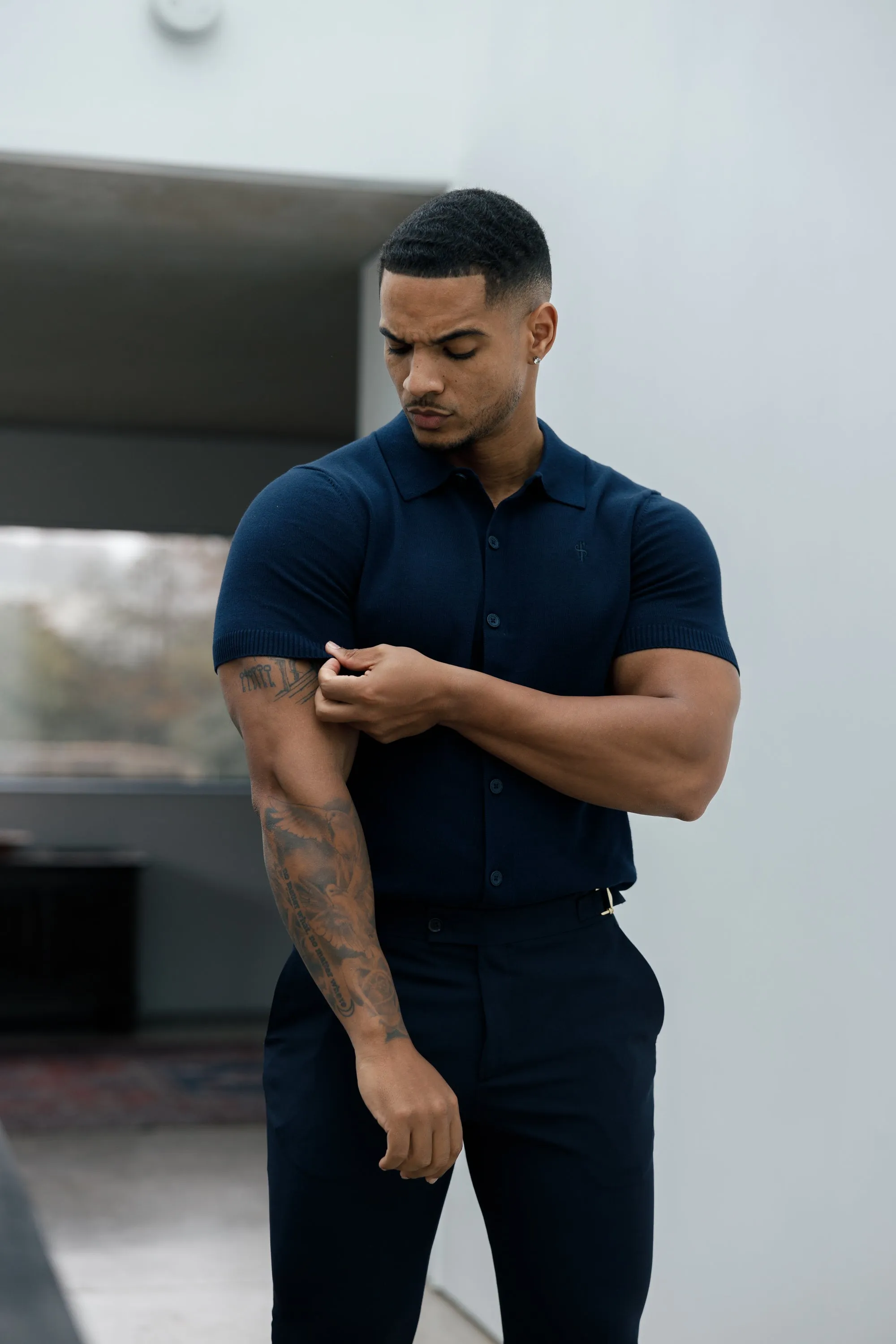 Father Sons Classic Plain Navy Knitted Button Through Polo Short Sleeve - FSN103