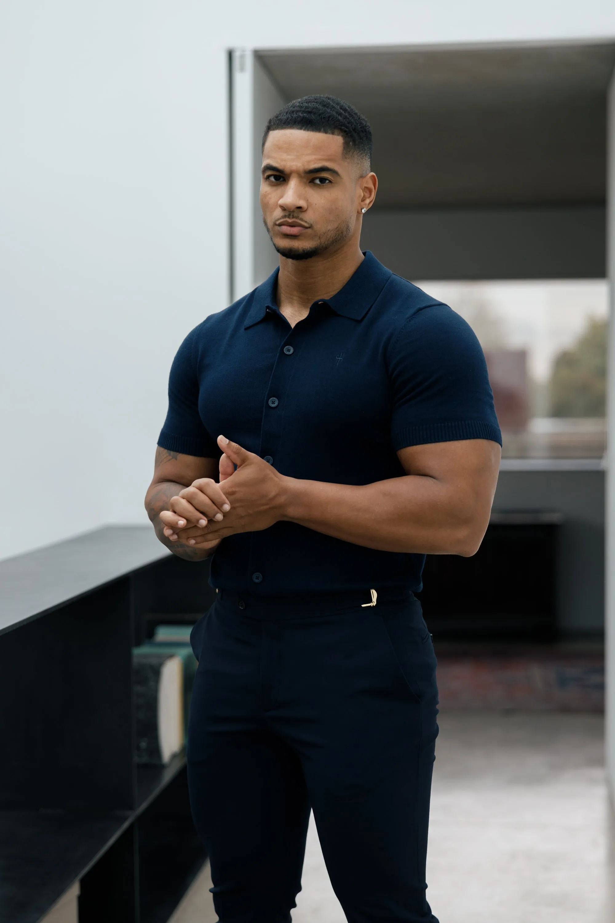 Father Sons Classic Plain Navy Knitted Button Through Polo Short Sleeve - FSN103